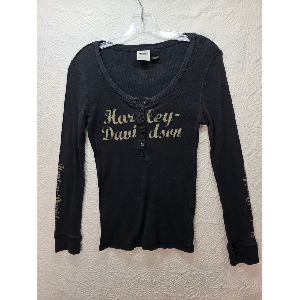Harley Davidson Henley Shirt Womens L Black Gold Good Long Sleeve Ribbed Graphic